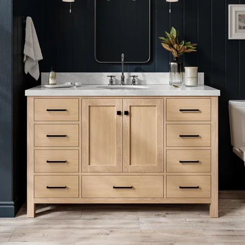Vista 24 de ARIEL Cambridge tocador de baño con fregadero, madera maciza, encimera y protector contra salpicaduras de cuarzo blanco puro de 1.5 pulgadas
