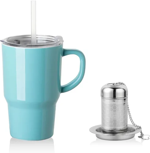 Vista 30 de Sweejar Taza de Té de Porcelana con Infusor y Tapa, Tetera con Filtro, Colador Infusor de Tazas de Té de Hojas Sueltas, 16 Fl Oz para Azul degradado