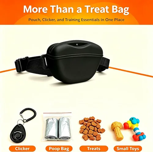 Vista 6 de Bolsa de golosinas para perros con clicker de entrenamiento, bolsa de silicona para golosinas, cierre magnético sin derrames, cinturón manos libres