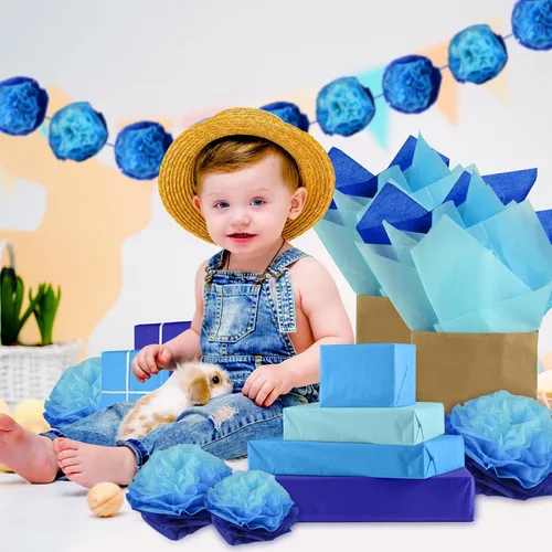 Vista 2 de NEBURORA Juego de Papel de Regalo Azul Surtido de 60 Hojas Papel de Seda para Envolver 3 Colores para Regalos de Bricolaje Embalaje Pascua Baby