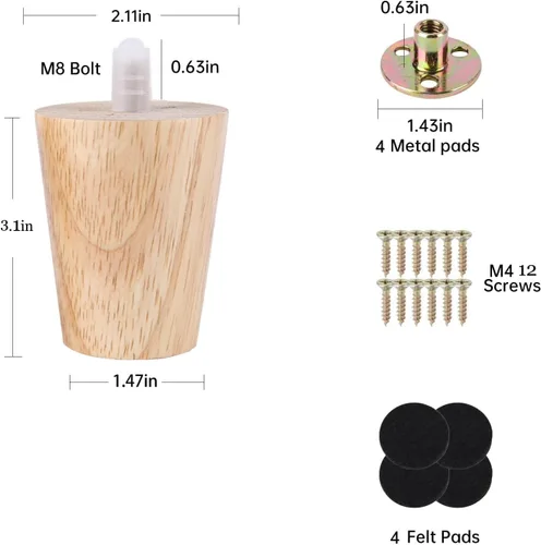 Vista 2 de Juego de 4 patas redondas de madera maciza de 3 pulgadas para muebles, sofá cama, silla de café, escritorio, patas rectas con pernos preperforados