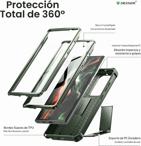 Vista 6 de Dexnor Funda de cuerpo completo para Samsung Galaxy S23 Ultra 5G/6.8 pulgadas, marco frontal extra, protección de grado militar, protector de Verde