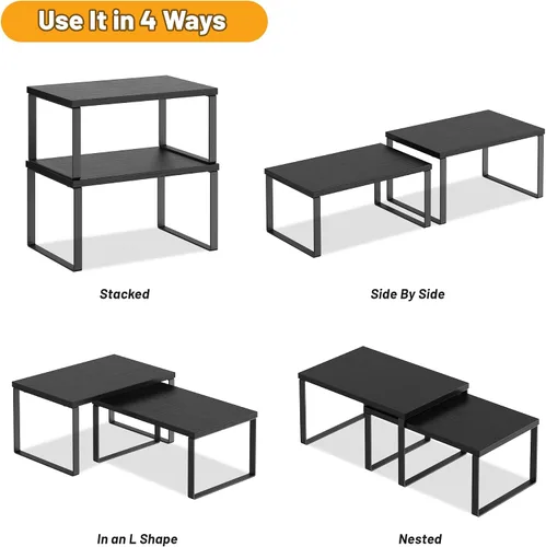 Vista 7 de Juego de 4 estantes organizadores de armario de cocina, estantes resistentes para encimera de cocina con patas de metal, estante apilable de madera