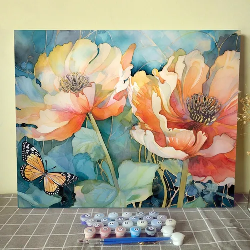 Vista 11 de Tucocoo Kits de pintura de paisaje de girasoles por números con pinceles y pigmento acrílico sobre lienzo para adultos, patrón de mariposas y flores