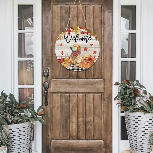 Vista 3 de YINENA Letrero de puerta de perro con texto en inglés "Welcome Fall Dog" Golden Retriever - Percha de puerta de madera para exteriores, porche