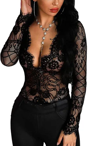 Vista 2 de Enterizo de malla transparente para mujer, de manga larga, con cuello en V, sexy, malla delgada, retazos