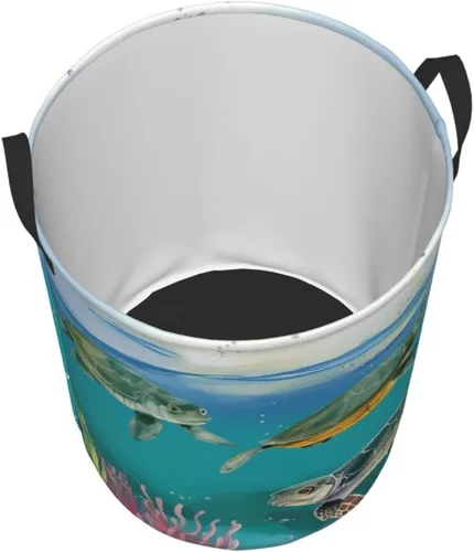 Vista 3 de Cesta circular con estampado de tortugas marinas y peces impermeable, cesta organizadora de lavandería, con asas, para ropa, juguetes, pequeña