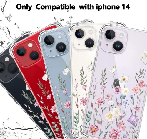 Vista 2 de Funda para iPhone 14, [3 en 1] con protector de pantalla y protector de lente de cámara, diseño de patrón de flores, transparente, suave, a prueba
