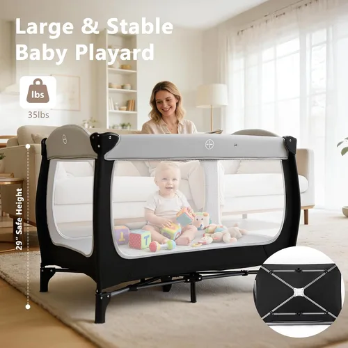 Vista 5 de Kinder King Corral Portátil 4 en 1, Corral para Bebé con Moisés, Corralito Grande para Bebés y Niños Pequeños, Cambiador para Recién Nacidos, Toldo
