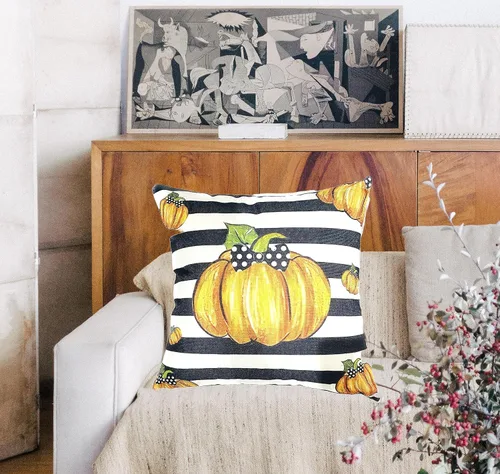 Vista 5 de Juego de 2 fundas de almohada de calabaza otoñal de 18 x 18 pulgadas, fundas de almohada decorativas de otoño a rayas de arce para sofá