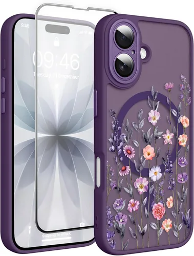 Vista 46 de Magnético para iPhone 13 con protector de pantalla [Compatible con MagSafe] Diseño de patrón floral de flores bonitas, funda delgada a prueba