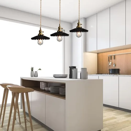 Vista 3 de Lámpara colgante de cerámica negra para isla de cocina, pantalla festoneada de cerámica, estilo granja, vintage, luces colgantes de techo