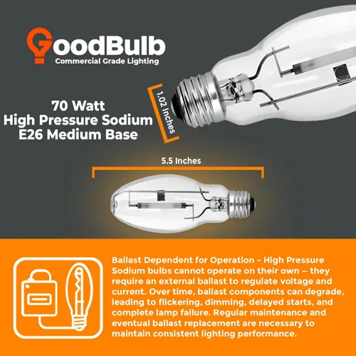 Vista 3 de Bombilla HID de sodio de alta presión de 70 W, base E26, ED17, código ANSI S62, 2000 K, color blanco cálido, acabado transparente, 24000 horas