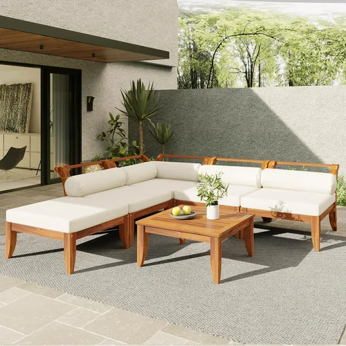Vista 16 de KLMM Sofá modular de madera de acacia en forma de L para patio con cojines extraíbles y mesa auxiliar, juego de conversación al aire libre con mesa