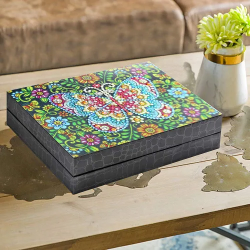 Vista 2 de DIY 5D Colorido Mariposa Diamante Pintura Joyero Kits para Adultos, Forma Especial Cristal Rhinestone Diamante Arte Joyero Organizador de Cuero PU