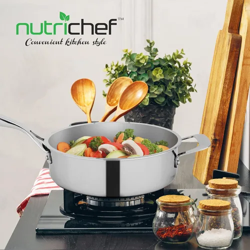 Vista 4 de NutriChef Sartén para saltear de 3.4 cuartos con tapa, sartén de acero inoxidable resistente a las manchas sin PFOA/PFOS con interior satinado