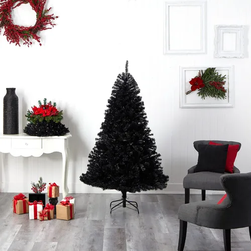 Vista 10 de Nearly Natural Árbol de Navidad artificial negro de 6 pies con 400 luces LED transparentes y 1036 puntas