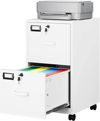 Vista 24 de Archivador de 2 cajones con cerradura, archivador vertical móvil para colgar carpetas tamaño A4/carta/legal, debajo del escritorio, pequeños