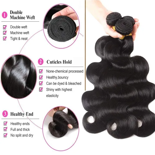 Vista 2 de Extensiones de cabello humano ondulado de 16, 18, 20, 22 pulgadas, grado 10A, extensiones de cabello humano ondulado 100% sin procesar, color negro