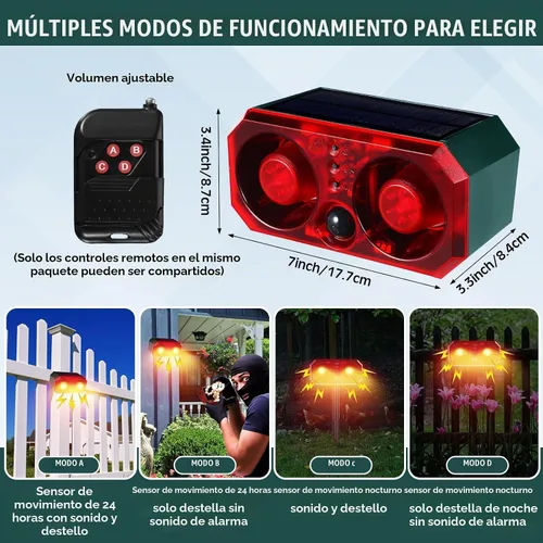 Vista 3 de Qualirey - 2 unidades de alarma solar con sensor de movimiento para exteriores con estaca disuasorio de animales, sensor de ladridos de perro, 13