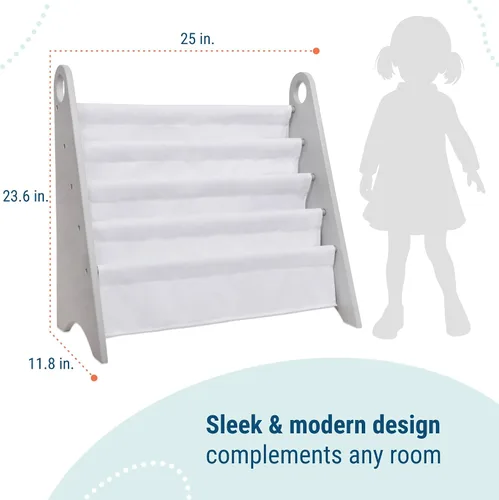 Vista 3 de Wildkin Estantería para niños, almacenamiento moderno de madera con 4 estantes y asas de tela, organizador para el hogar o el aula, gris y blanco