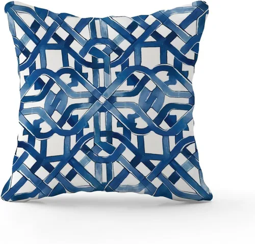 Vista 2 de Funda de cojín geométrica de enrejado de laberinto azul y blanco, funda de cojín decorativa de celosía Ming Trail, funda de almohada abstracta