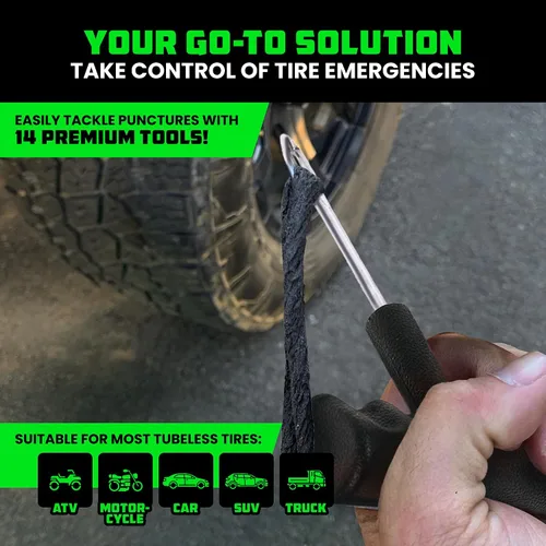 Vista 4 de Kit de reparación de neumáticos compacto Rhino USA (14 piezas) – Juego de tapones resistentes con lubricante incluido para arreglar pinchazos