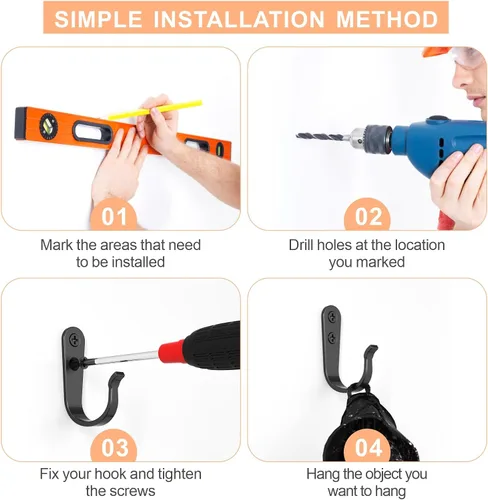 Vista 7 de BREYDROK 20 piezas de ganchos de pared de metal resistentes para abrigos, ganchos de un solo diente para colgar con 40 tornillos para toallas