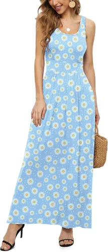 Vista 2 de LILBETTER Vestidos largos sin mangas para mujer, cintura imperio, vestidos largos casuales con bolsillos