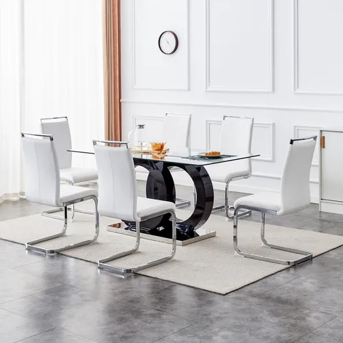 Vista 22 de Juego de mesa de comedor de 63 pulgadas para 4, moderno juego de mesa de comedor de vidrio templado para 4, para el hogar, cocina, sala de estar