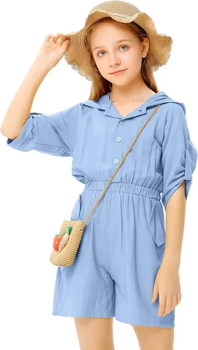 Vista 3 de LIONJIE Enterizo de verano para niñas con pantalones cortos sin mangas con volantes, cuello en V con capucha y bolsillos laterales para niños