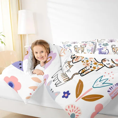 Vista 7 de Feelyou Juego de edredón de dibujos animados de gatos, juego de edredón de gatitos y flores, para niños, niñas, adolescentes, mascotas, gatos, juego