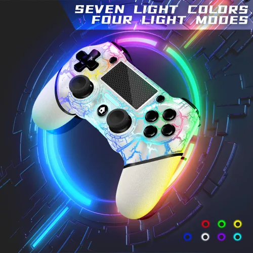 Vista 4 de AceGamer Wireless Controller for PS4, White Crack Custom Design with RGB Light,1000mAh Battery and 3.5mm Audio Jack, V2 Gamepad Joystick Compatible