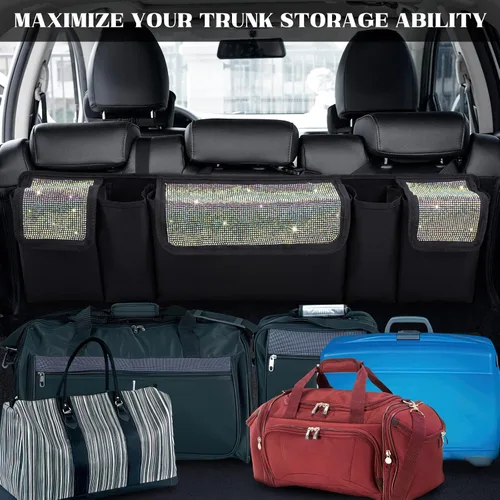 Vista 4 de eing Organizador de maletero de auto y almacenamiento, organizador colgante para asiento trasero para SUV, camioneta, MPV, impermeable, bolsa