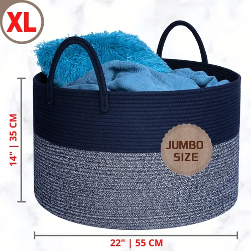 Vista 2 de MINTWOOD Design Cesta decorativa de cuerda de algodón tejida extragrande de 22 x 14 pulgadas, para sala de estar, con asas largas, cesta