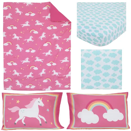 Vista 8 de CARTERS - Juego de ropa de cama de 4 piezas con diseño de unicornio arcoíris, rosa, aguamarina, blanco