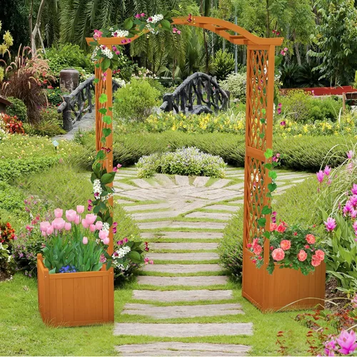 Vista 2 de Giantex Pérgola de Jardín con Maceta, Arco de Plantador de Madera con Enrejado, Arco Exterior para Plantas Trepadoras, Vegetales, Hierbas, Blanco