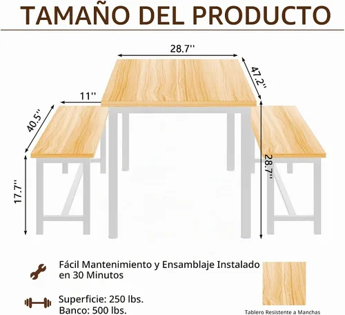 Vista 6 de DKLGG Juego de mesa de comedor para 4, mesa de cocina de 47.2 pulgadas con 2 bancos, juego de mesa de comedor de granja de 3 piezas, comedor que