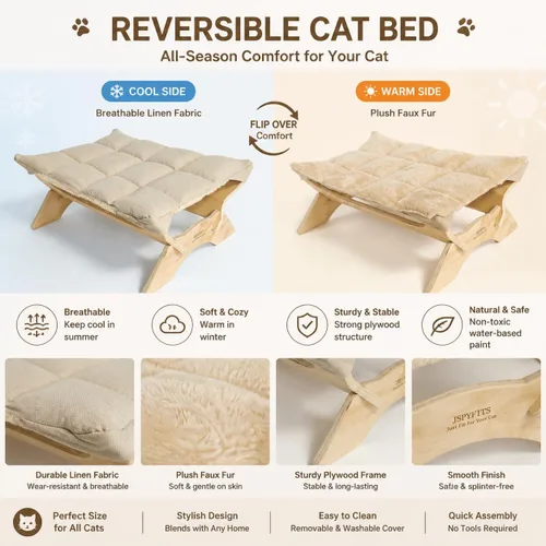 Vista 6 de JSPYFITS Hamaca elevada para gatos, cama ortopédica elevada para perros con cojín de felpa y lino de doble cara, muebles modernos para gatos