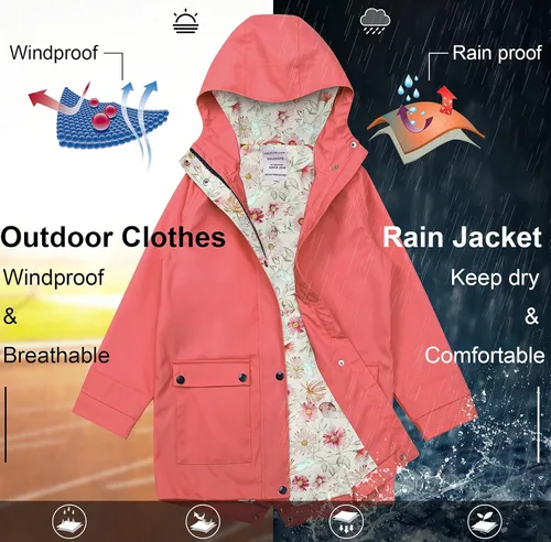 Vista 4 de SOLOCOTE Chaqueta impermeable de goma con capucha para niños impermeable resistente al viento talla 5-14 años