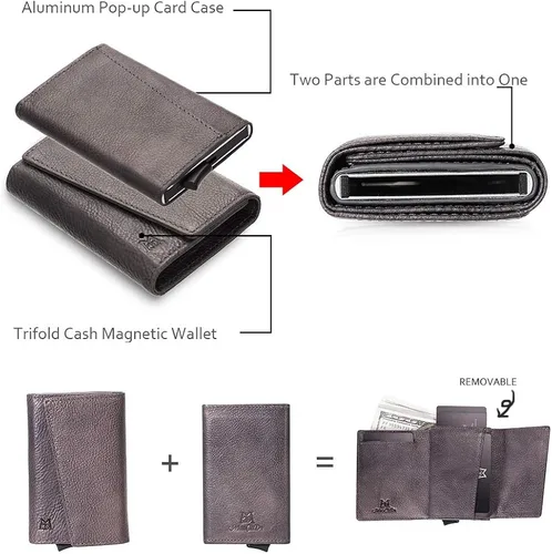 Vista 5 de ManChDa Billetera de cuero genuino delgada con bloqueo RFID para hombres, billetera triple de aluminio, cartera desmontable para tarjetas