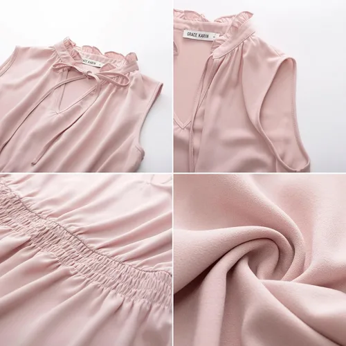 Vista 5 de GRACE KARIN Camisetas sin mangas para mujer, blusas casuales de verano con cuello en V, a la moda, con volantes