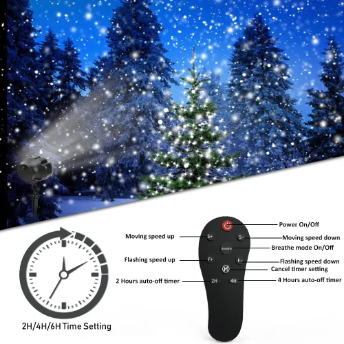 Vista 6 de Luces Proyector de Nevada Navideña para Exteriores, Lámpara Proyector de Nieve Cayendo Efecto Dinámico de Nieve Decoraciones de Puntos Navideños
