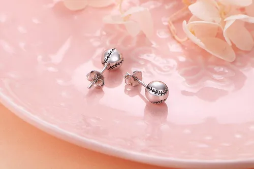 Vista 5 de Aretes de plata de ley S925 para baloncesto, béisbol, fútbol, rugby, softbol, voleibol, bola, bola, para mujeres y hombres