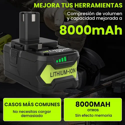Vista 2 de Paquete de 2 baterías de repuesto de 18 V 8000 mAh P108 para Ryobi 18 V Compatible con batería Ryobi de 18 voltios P102 P103 P104 P105 P107 P109