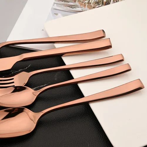 Vista 8 de Juego de cubiertos de oro rosa de 20 piezas, cubiertos de acero inoxidable 18/10, juego de vajilla resistente, incluye cuchillo, tenedor/cuchara