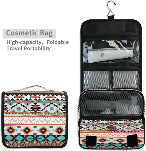Vista 5 de Bolsa de aseo étnica azteca colgante, bolsa de cosméticos de viaje geométrica, bolsa organizadora de maquillaje, bolsa de lavado portátil con gancho