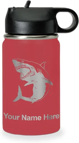 Vista 27 de LaserGram Botella de agua personalizada, gran tiburón blanco, acero inoxidable de doble pared aislada al vacío con popote superior, regalo grabado