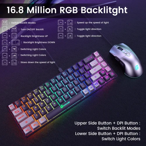 Vista 2 de Combo de teclado y mouse para juegos 65%, teclado retroiluminado RGB + mouse para juegos de 7200 DPI, teclado y mouse con cable ultra compacto