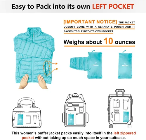 Vista 2 de Outdoor Ventures Women's Packable Full-Zip Short Puffer Jacket Insulated Quilted Warm Lightweight Winter Coat